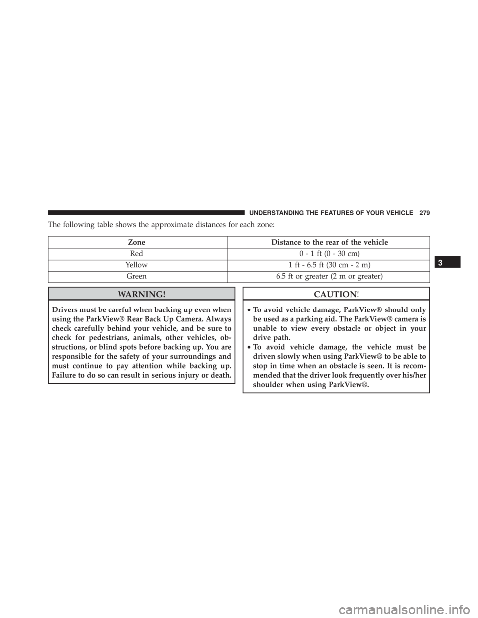 JEEP CHEROKEE TRAILHAWK 2015  Owners Manual The following table shows the approximate distances for each zone: 
