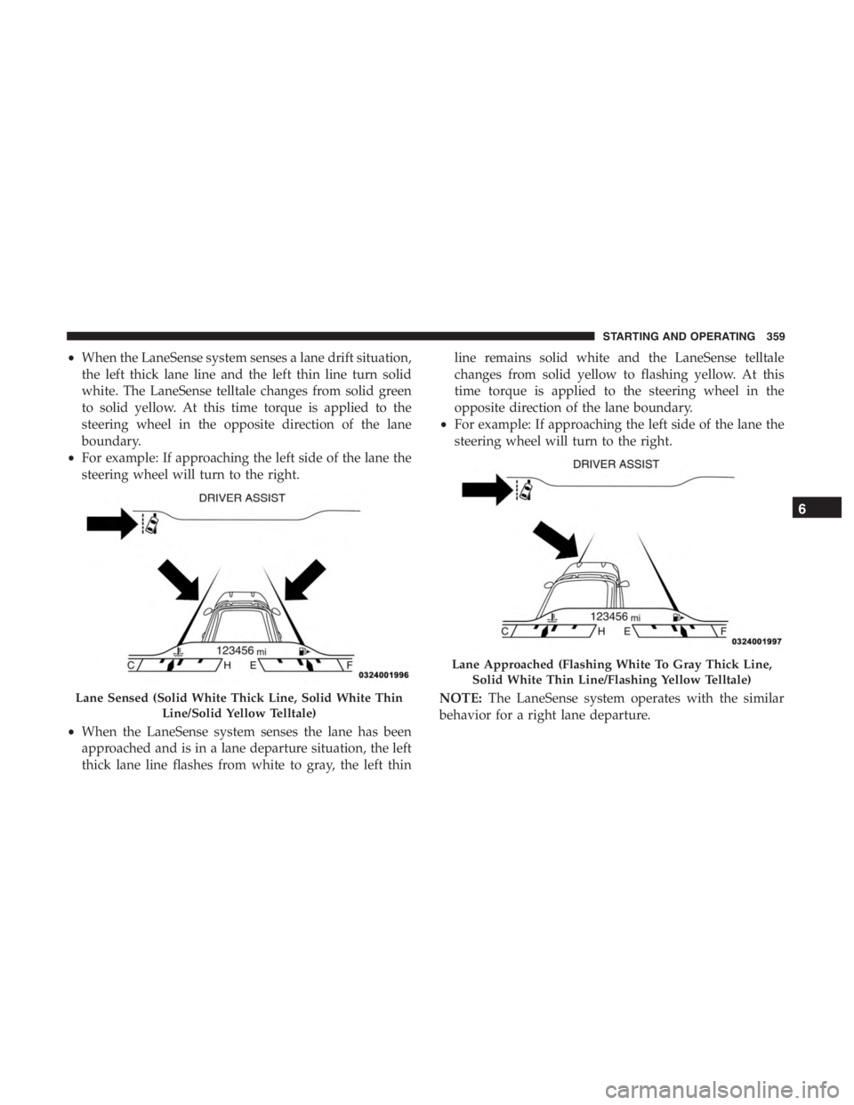 JEEP CHEROKEE LIMITED 2019  Owners Manual Lane Approached (Flashing White To Gray Thick Line,Solid White Thin Line/Flashing Yellow Telltale)
6
STARTING AND OPERATING 359 