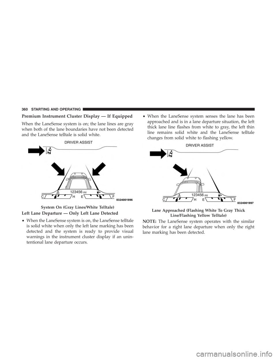 JEEP CHEROKEE LIMITED 2019  Owners Manual Lane Approached (Flashing White To Gray ThickLine/Flashing Yellow Telltale)
360 STARTING AND OPERATING 