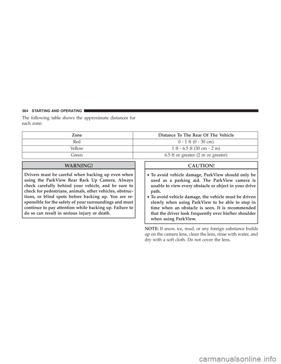 JEEP CHEROKEE LIMITED 2019  Owners Manual The following table shows the approximate distances for
each zone:
CAUTION!
•To avoid vehicle damage, ParkView should only be
used as a parking aid. The ParkView camera is
unable to view every obsta
