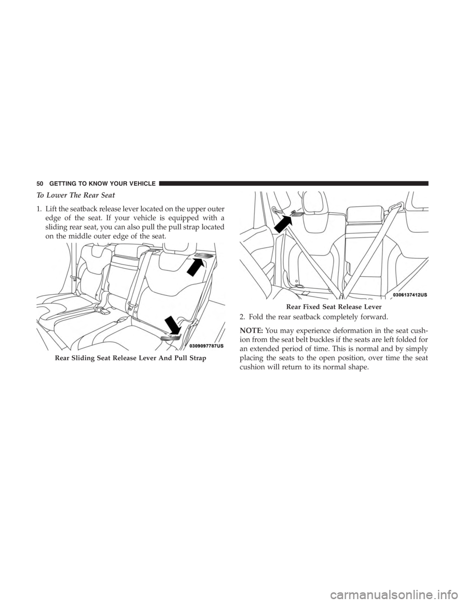JEEP CHEROKEE LIMITED 2019  Owners Manual Rear Fixed Seat Release Lever
50 GETTING TO KNOW YOUR VEHICLE 