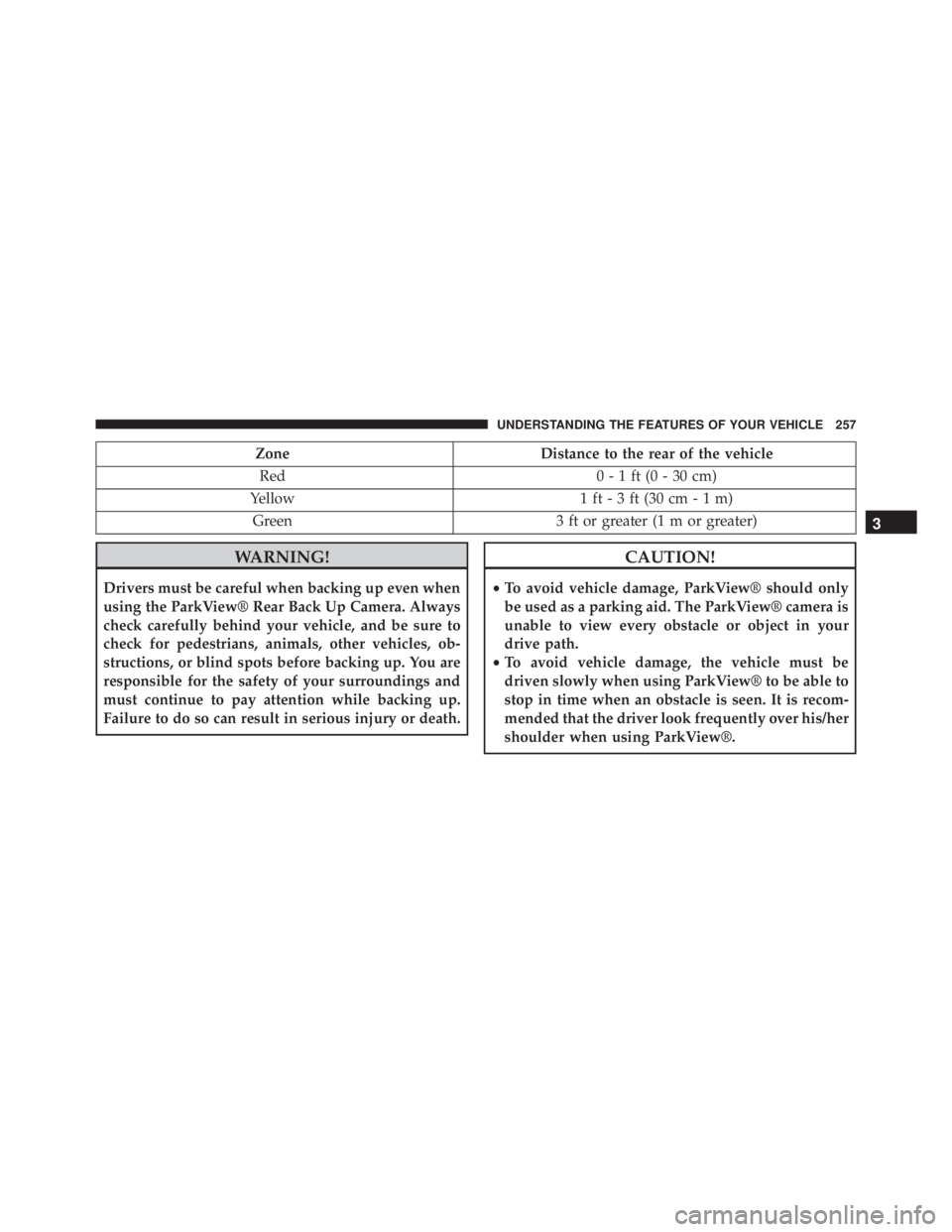 JEEP GRAND CHEROKEE LAREDO 2012  Owners Manual ZoneDistance to the rear of the vehicle
Red 0 - 1 ft (0 - 30 cm)
Yellow 1 ft - 3 ft (30 cm - 1 m)
Green 3 ft or greater (1 m or greater) 