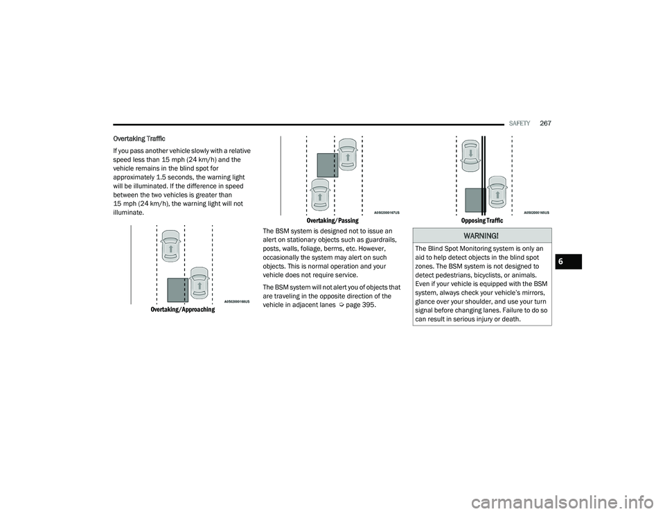 JEEP GRAND CHEROKEE LIMITED 2021  Owners Manual 
WARNING!
The Blind Spot Monitoring system is only an 
aid to help detect objects in the blind spot 
zones. The BSM system is not designed to 
detect pedestrians, bicyclists, or animals. 
Even if your