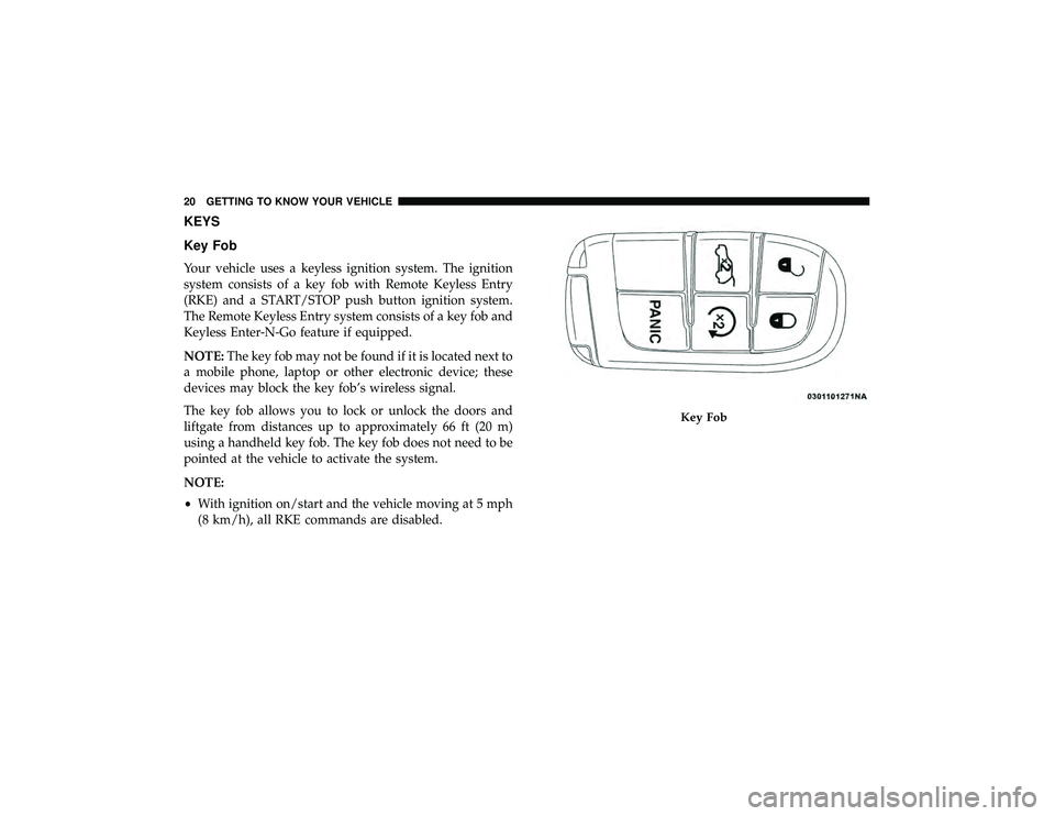 JEEP GRAND CHEROKEE LIMITED 2019  Owners Manual KEYS
Key Fob
Your vehicle uses a keyless ignition system. The ignition
system consists of a key fob with Remote Keyless Entry
(RKE) and a START/STOP push button ignition system.
The Remote Keyless Ent