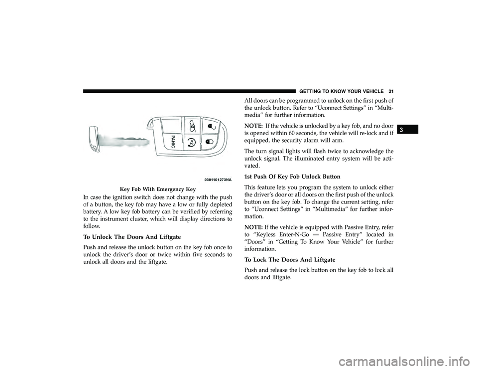 JEEP GRAND CHEROKEE LIMITED 2019  Owners Manual In case the ignition switch does not change with the push
of a button, the key fob may have a low or fully depleted
battery. A low key fob battery can be verified by referring
to the instrument cluste