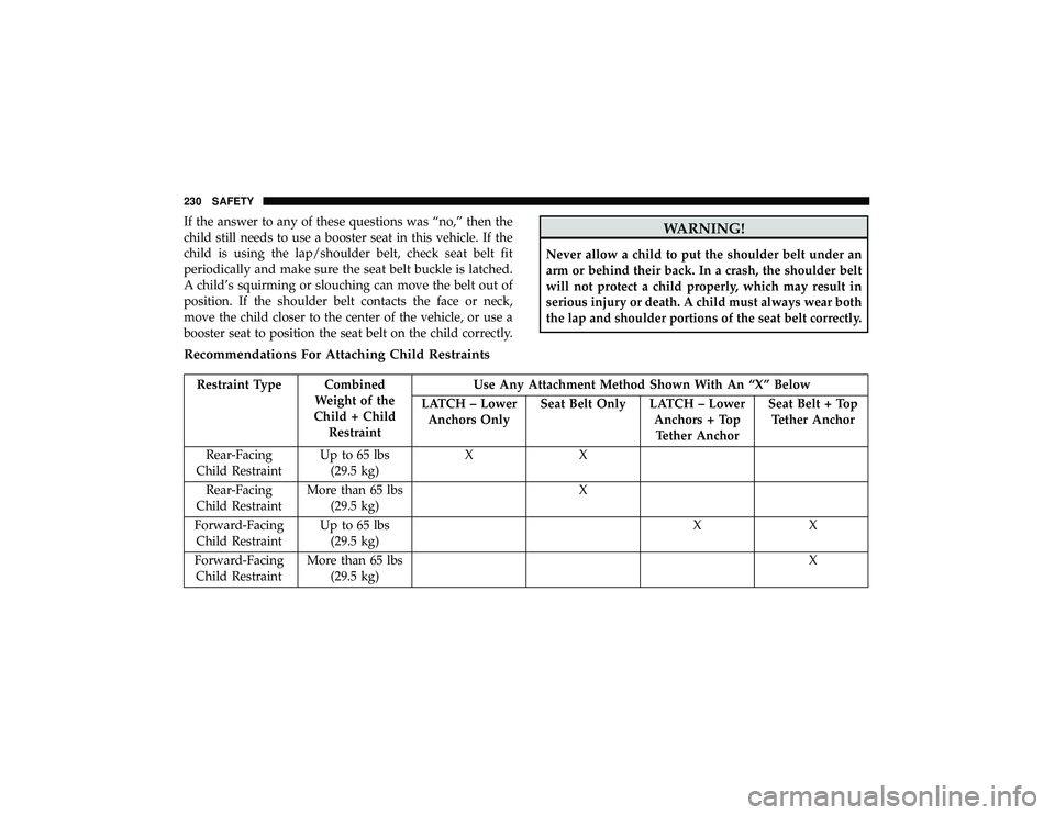 JEEP GRAND CHEROKEE LIMITED 2019  Owners Manual If the answer to any of these questions was “no,” then the
child still needs to use a booster seat in this vehicle. If the
child is using the lap/shoulder belt, check seat belt fit
periodically an