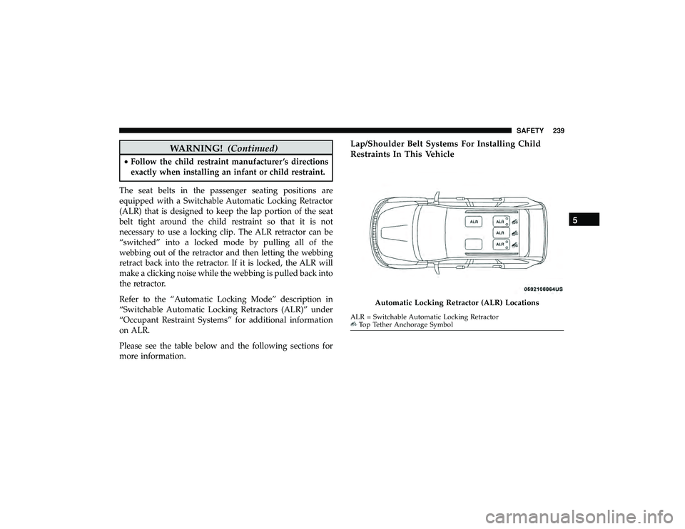 JEEP GRAND CHEROKEE LIMITED 2019  Owners Manual WARNING!(Continued)
•Follow the child restraint manufacturer ’s directions
exactly when installing an infant or child restraint.
The seat belts in the passenger seating positions are
equipped with