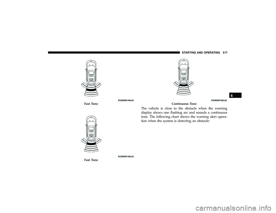 JEEP GRAND CHEROKEE LIMITED 2019  Owners Manual The vehicle is close to the obstacle when the warning
display shows one flashing arc and sounds a continuous
tone. The following chart shows the warning alert opera-
tion when the system is detecting 