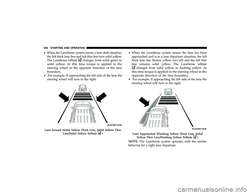 JEEP GRAND CHEROKEE LIMITED 2019 Owners Manual •When the LaneSense system senses a lane drift situation,
the left thick lane line and left thin line turn solid yellow.
The LaneSense telltale
changes from solid green to
solid yellow. At this time JEEP GRAND CHEROKEE LIMITED 2019 Owners Manual •When the LaneSense system senses a lane drift situation,
the left thick lane line and left thin line turn solid yellow.
The LaneSense telltale
changes from solid green to
solid yellow. At this time