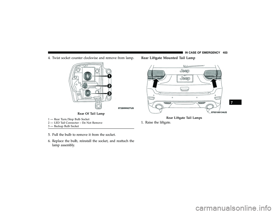 JEEP GRAND CHEROKEE LIMITED 2019  Owners Manual 4. Twist socket counter clockwise and remove from lamp.
5. Pull the bulb to remove it from the socket.
6. Replace the bulb, reinstall the socket, and reattach thelamp assembly.Rear Liftgate Mounted Ta