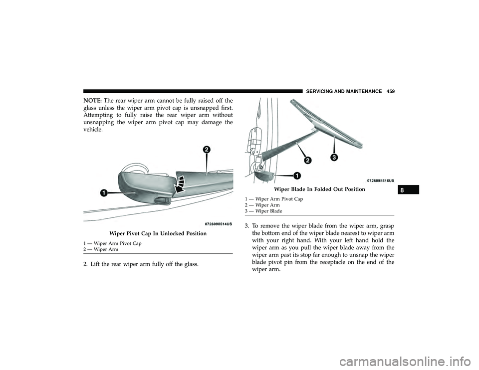 JEEP GRAND CHEROKEE LIMITED 2019  Owners Manual NOTE:The rear wiper arm cannot be fully raised off the
glass unless the wiper arm pivot cap is unsnapped first.
Attempting to fully raise the rear wiper arm without
unsnapping the wiper arm pivot cap 