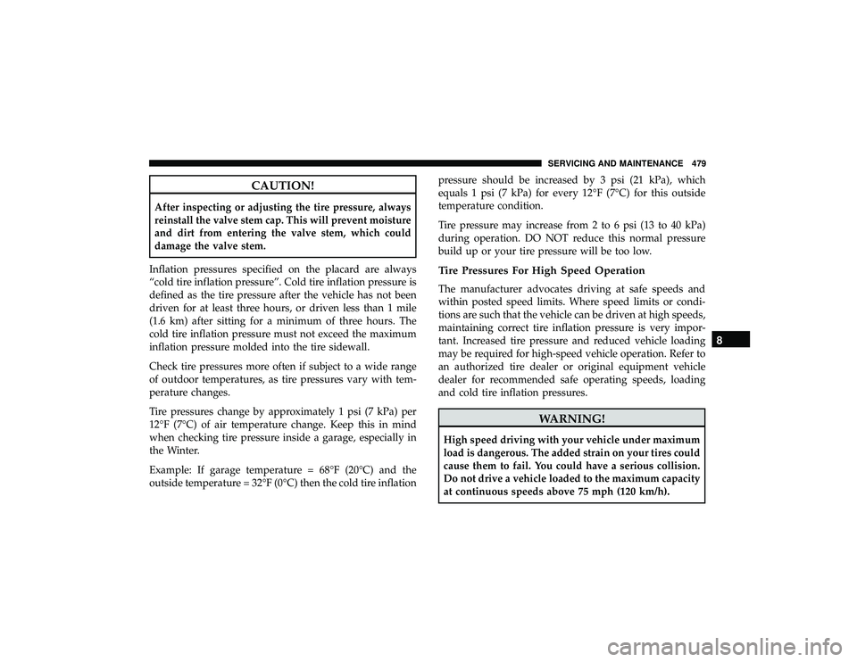 JEEP GRAND CHEROKEE LIMITED 2019  Owners Manual CAUTION!
After inspecting or adjusting the tire pressure, always
reinstall the valve stem cap. This will prevent moisture
and dirt from entering the valve stem, which could
damage the valve stem.
Infl