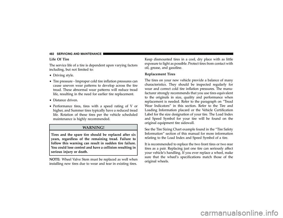 JEEP GRAND CHEROKEE LIMITED 2019  Owners Manual Life Of Tire
The service life of a tire is dependent upon varying factors
including, but not limited to:
•Driving style.
• Tire pressure - Improper cold tire inflation pressures can
cause uneven w