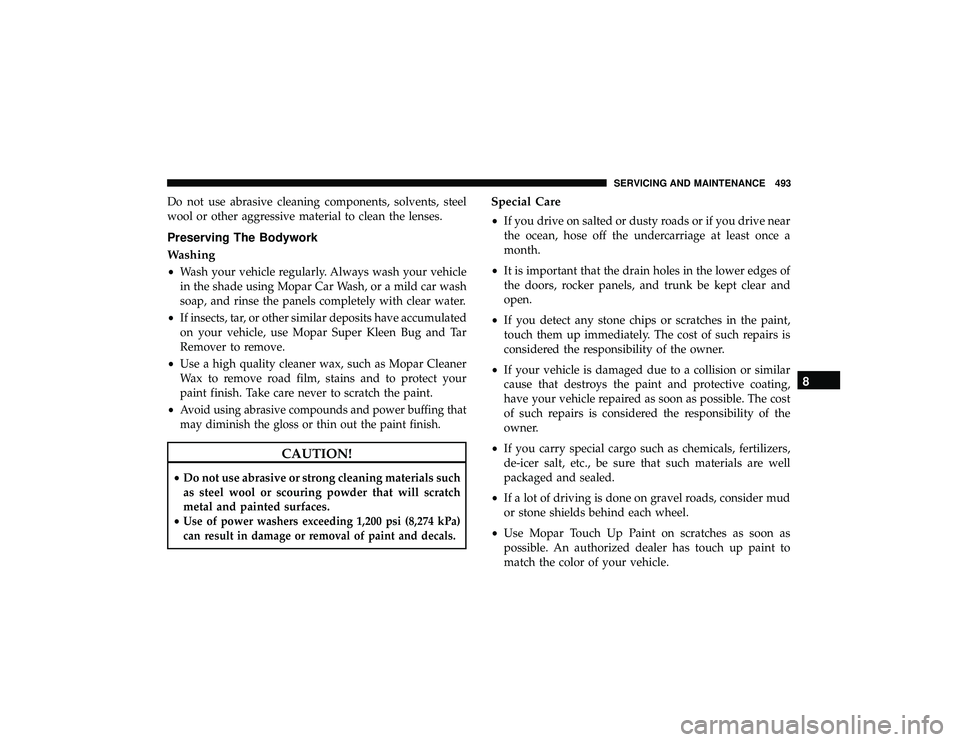 JEEP GRAND CHEROKEE LIMITED 2019  Owners Manual Do not use abrasive cleaning components, solvents, steel
wool or other aggressive material to clean the lenses.
Preserving The Bodywork
Washing
•Wash your vehicle regularly. Always wash your vehicle