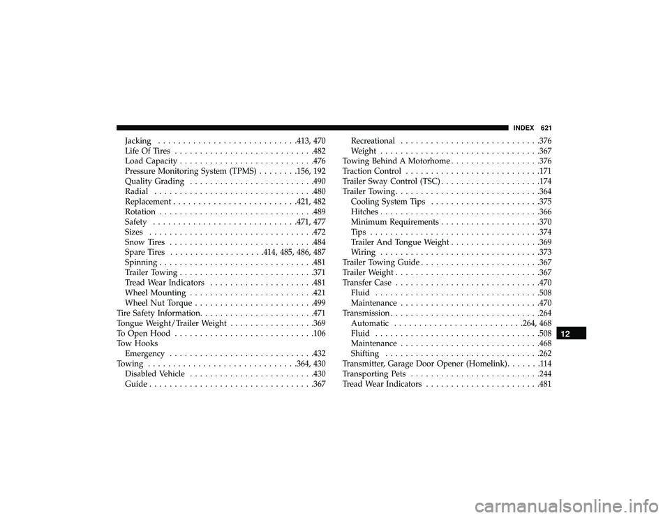 JEEP GRAND CHEROKEE LIMITED 2019  Owners Manual Jacking........................... .413, 470
Life Of Tires ........................... .482
Load Capacity .......................... .476
Pressure Monitoring System (TPMS) ........156, 192
Quality Gra