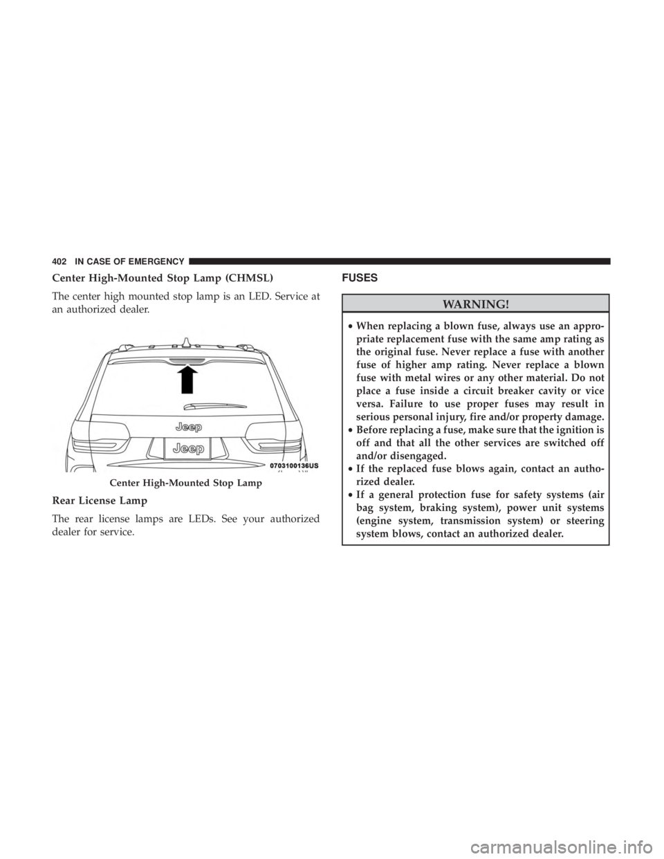 JEEP GRAND CHEROKEE LIMITED 2018  Owners Manual Center High-Mounted Stop Lamp (CHMSL)
The center high mounted stop lamp is an LED. Service at
an authorized dealer.
Rear License Lamp
The rear license lamps are LEDs. See your authorized
dealer for se