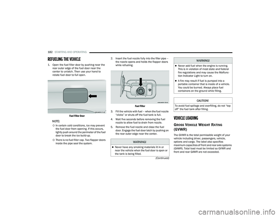 JEEP GRAND CHEROKEE TRAILHAWK 2022  Owners Manual �:�$�5�1�,�1�*�
Never have any smoking materials lit in or 
near the vehicle when the fuel door is open or 
the tank is being filled.
WARNING! 