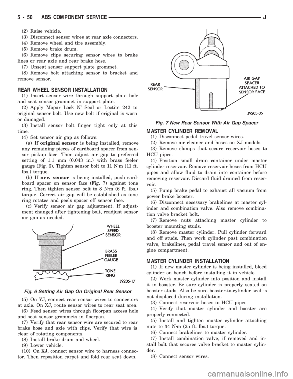 JEEP WRANGLER 1994  Owners Manual Fig. 7 New Rear Sensor With Air Gap Spacer
5 - 50 ABS COMPONENT SERVICEJ 