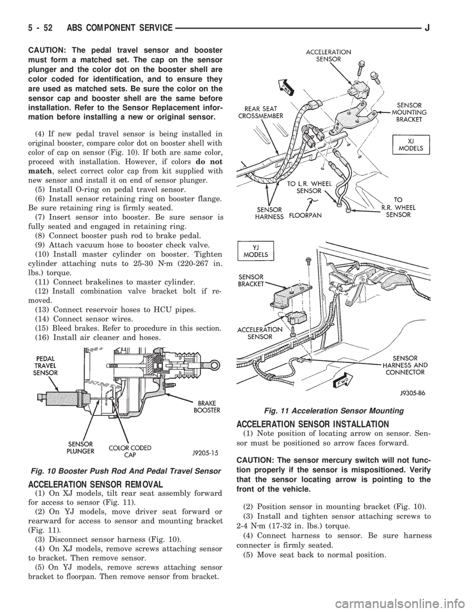 JEEP WRANGLER 1994  Owners Manual Fig. 11 Acceleration Sensor Mounting
5 - 52 ABS COMPONENT SERVICEJ 