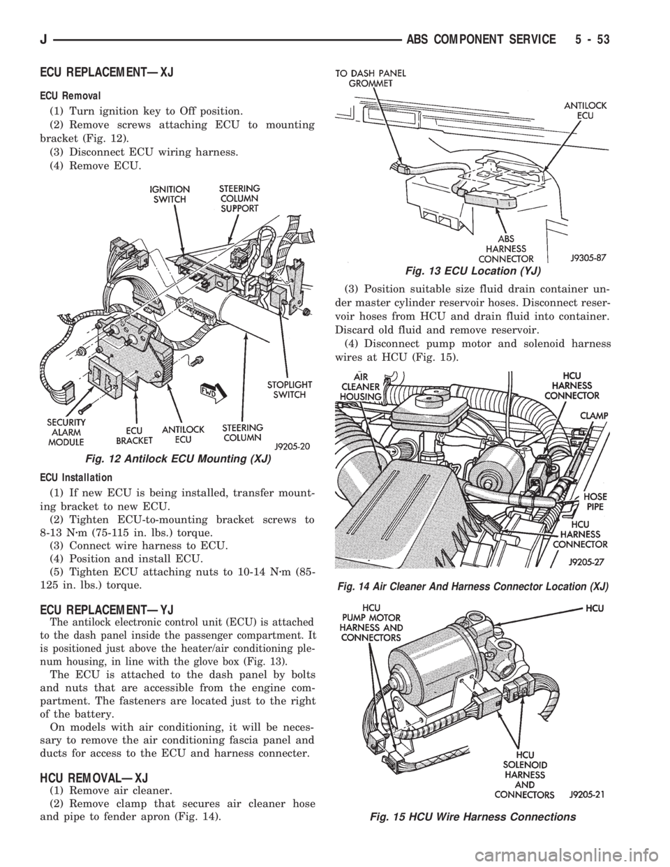 JEEP WRANGLER 1994  Owners Manual Fig. 13 ECU Location (YJ)
Fig. 14 Air Cleaner And Harness Connector Location (XJ)
Fig. 15 HCU Wire Harness Connections
JABS COMPONENT SERVICE 5 - 53 