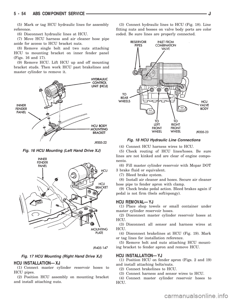 JEEP WRANGLER 1994  Owners Manual Fig. 17 HCU Mounting (Right Hand Drive XJ)
Fig. 18 HCU Hydraulic Line Connections
5 - 54 ABS COMPONENT SERVICEJ 