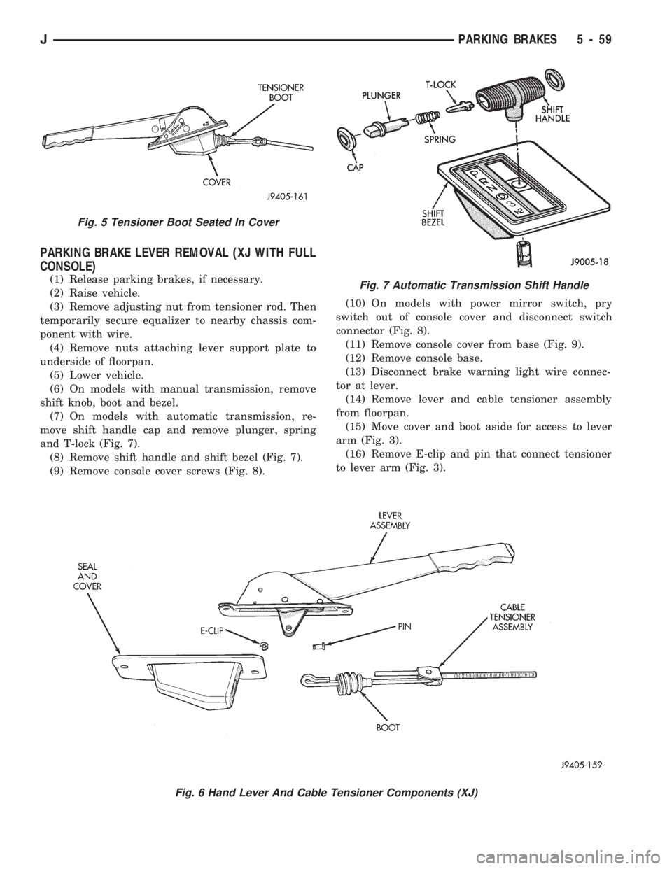 JEEP WRANGLER 1994  Owners Manual Fig. 5 Tensioner Boot Seated In Cover
Fig. 7 Automatic Transmission Shift Handle
JPARKING BRAKES 5 - 59 