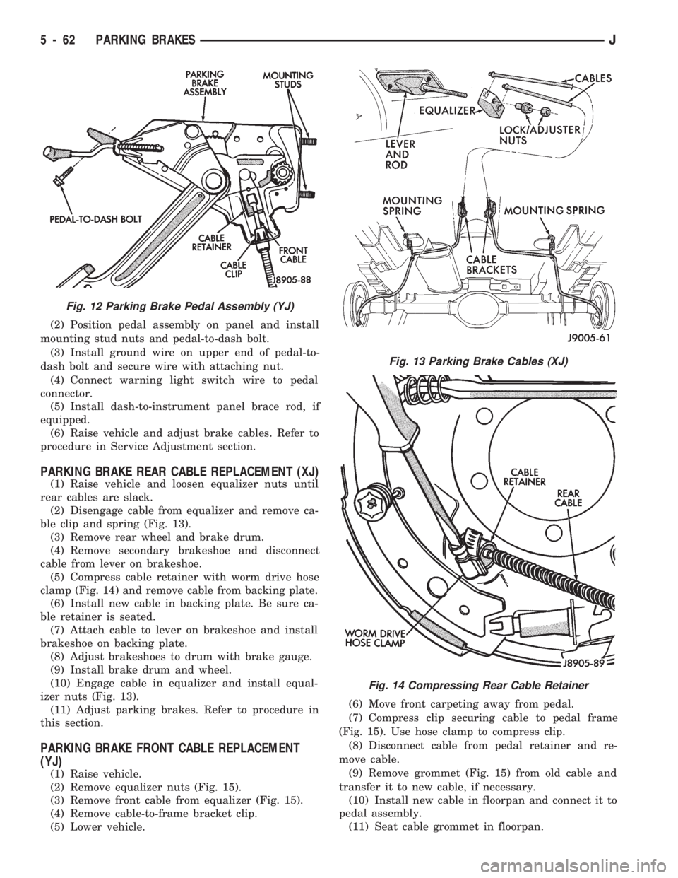 JEEP WRANGLER 1994  Owners Manual Fig. 13 Parking Brake Cables (XJ)
Fig. 14 Compressing Rear Cable Retainer
5 - 62 PARKING BRAKESJ 