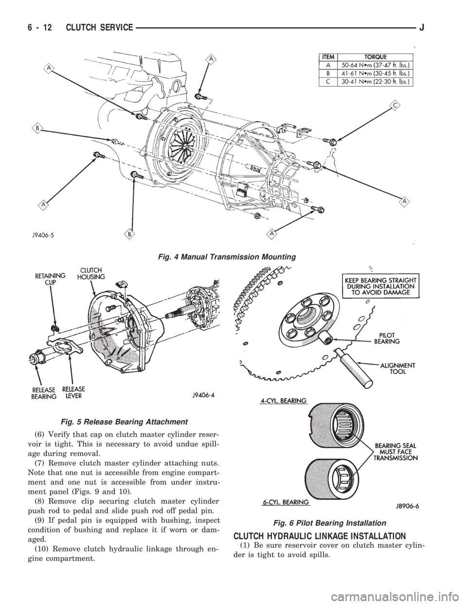 JEEP WRANGLER 1994  Owners Manual Fig. 5 Release Bearing Attachment
Fig. 6 Pilot Bearing Installation
6 - 12 CLUTCH SERVICEJ 