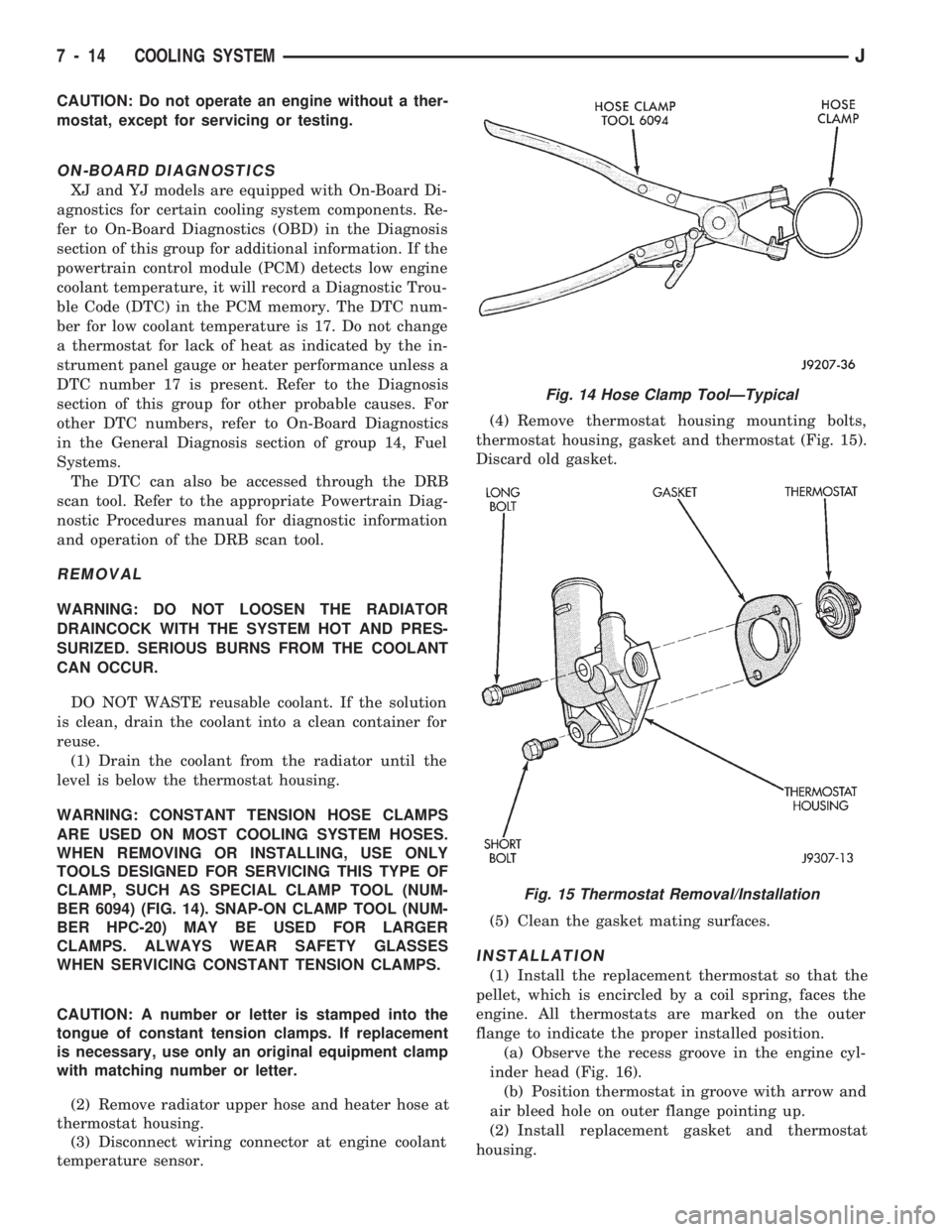 JEEP WRANGLER 1994  Owners Manual Fig. 15 Thermostat Removal/Installation
7 - 14 COOLING SYSTEMJ 