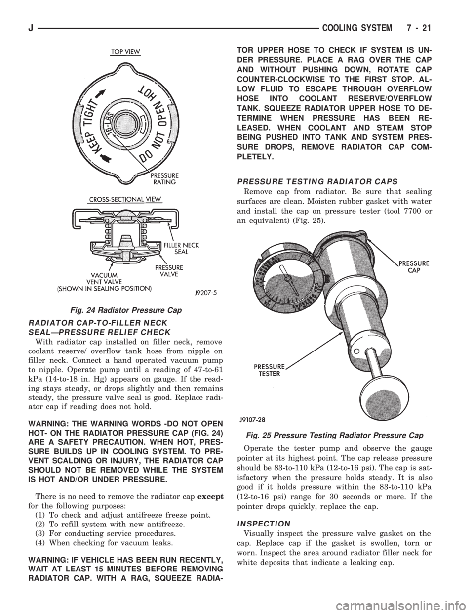 JEEP WRANGLER 1994  Owners Manual Fig. 25 Pressure Testing Radiator Pressure Cap
JCOOLING SYSTEM 7 - 21 