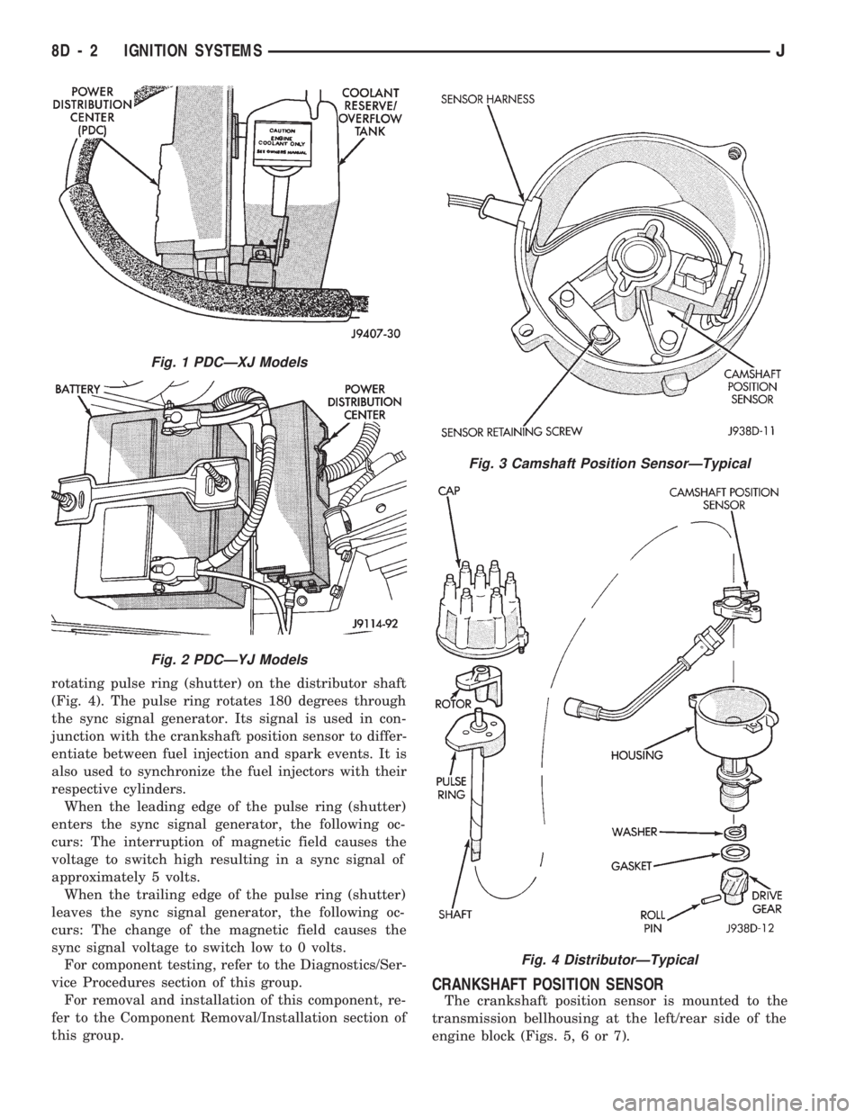 JEEP WRANGLER 1994  Owners Manual Fig. 2 PDCÐYJ Models
Fig. 3 Camshaft Position SensorÐTypical
Fig. 4 DistributorÐTypical
8D - 2 IGNITION SYSTEMSJ 
