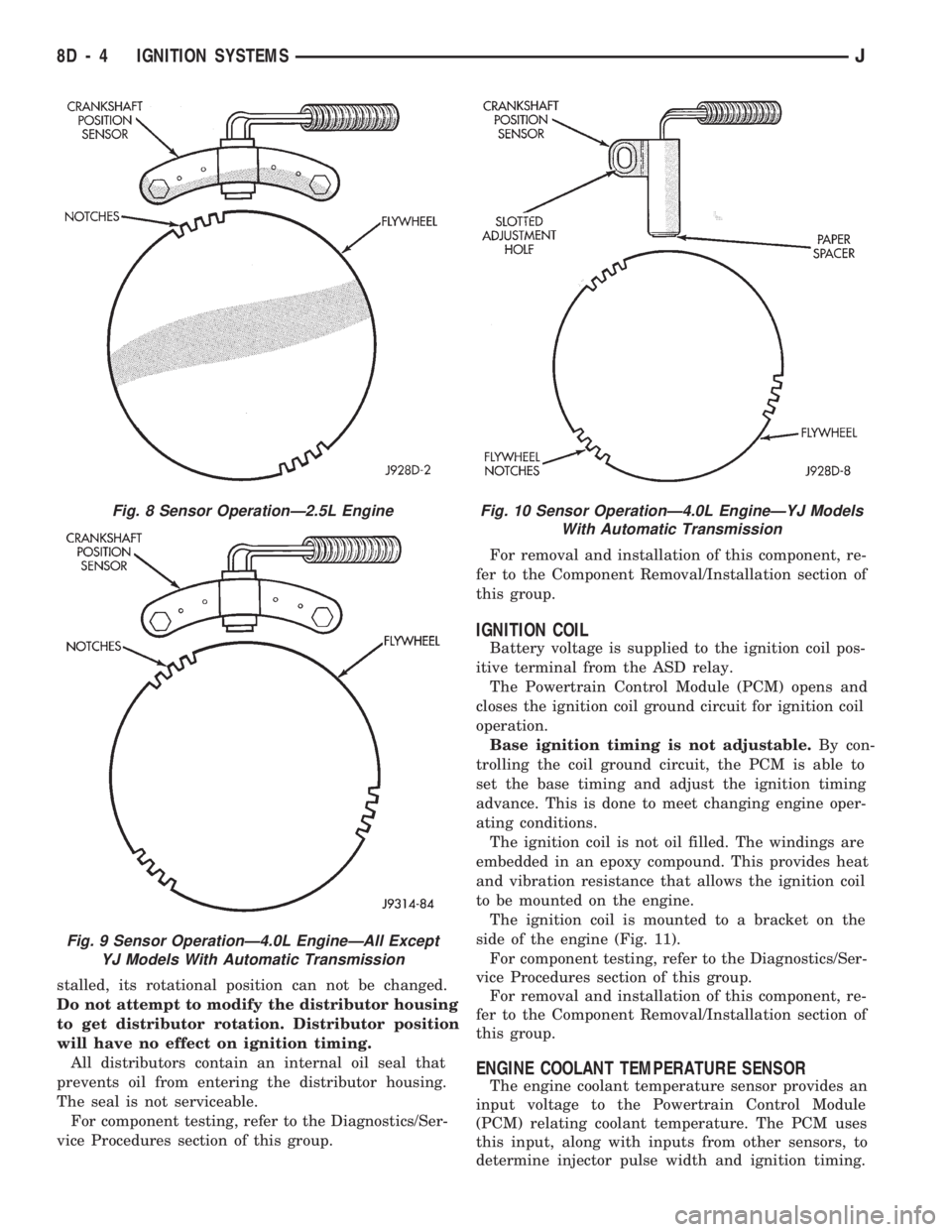 JEEP WRANGLER 1994  Owners Manual Fig. 9 Sensor OperationÐ4.0L EngineÐAll Except
YJ Models With Automatic Transmission
Fig. 10 Sensor OperationÐ4.0L EngineÐYJ Models
With Automatic Transmission
8D - 4 IGNITION SYSTEMSJ 