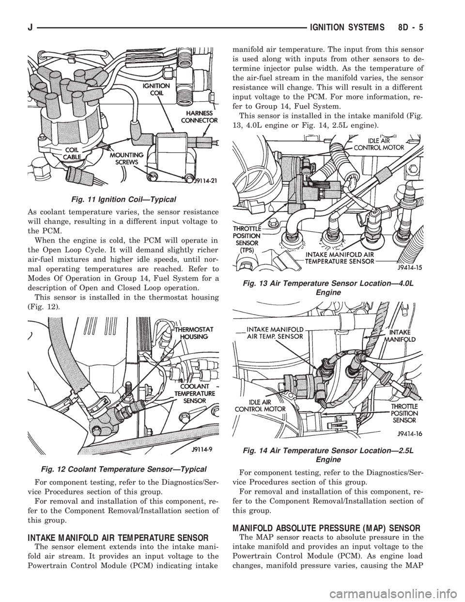 JEEP WRANGLER 1994  Owners Manual Fig. 12 Coolant Temperature SensorÐTypical
Fig. 13 Air Temperature Sensor LocationÐ4.0L
Engine
Fig. 14 Air Temperature Sensor LocationÐ2.5L
Engine
JIGNITION SYSTEMS 8D - 5 