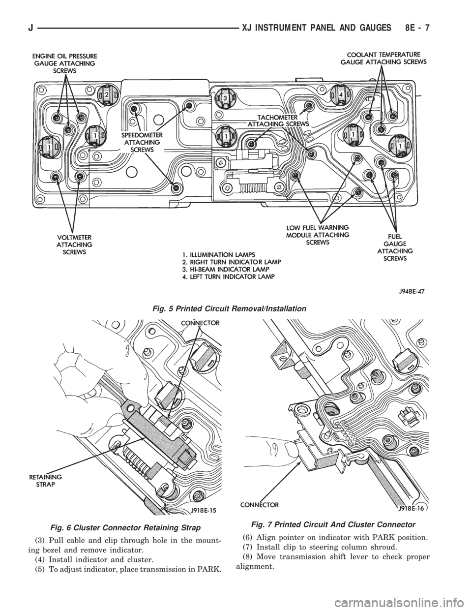 JEEP WRANGLER 1994  Owners Manual Fig. 6 Cluster Connector Retaining StrapFig. 7 Printed Circuit And Cluster Connector
JXJ INSTRUMENT PANEL AND GAUGES 8E - 7 