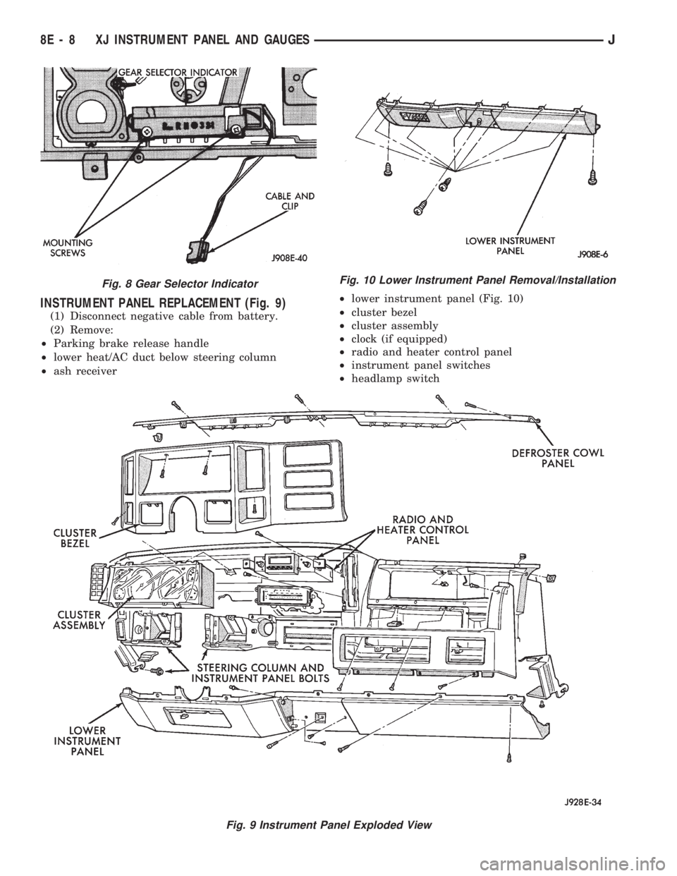 JEEP WRANGLER 1994  Owners Manual Fig. 9 Instrument Panel Exploded View
Fig. 10 Lower Instrument Panel Removal/Installation
8E - 8 XJ INSTRUMENT PANEL AND GAUGESJ 