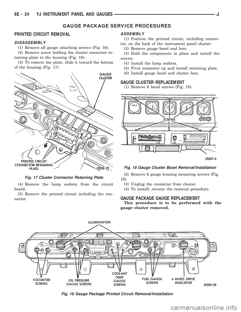 JEEP WRANGLER 1994  Owners Manual Fig. 17 Cluster Connector Retaining Plate
Fig. 18 Gauge Cluster Bezel Removal/Installation
8E - 24 YJ INSTRUMENT PANEL AND GAUGESJ 