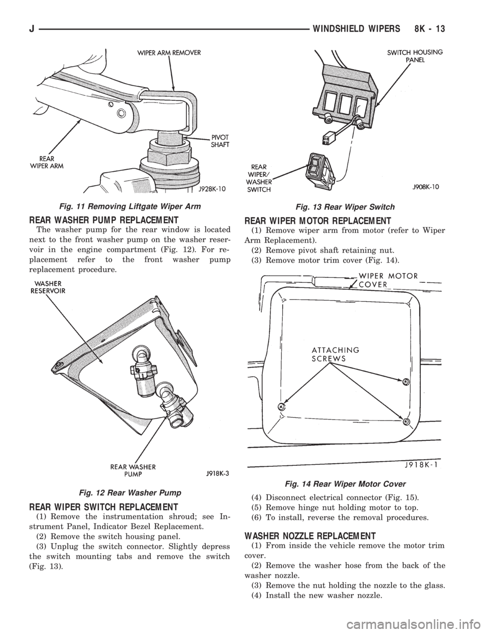 JEEP WRANGLER 1994  Owners Manual Fig. 12 Rear Washer Pump
Fig. 13 Rear Wiper Switch
Fig. 14 Rear Wiper Motor Cover
JWINDSHIELD WIPERS 8K - 13 