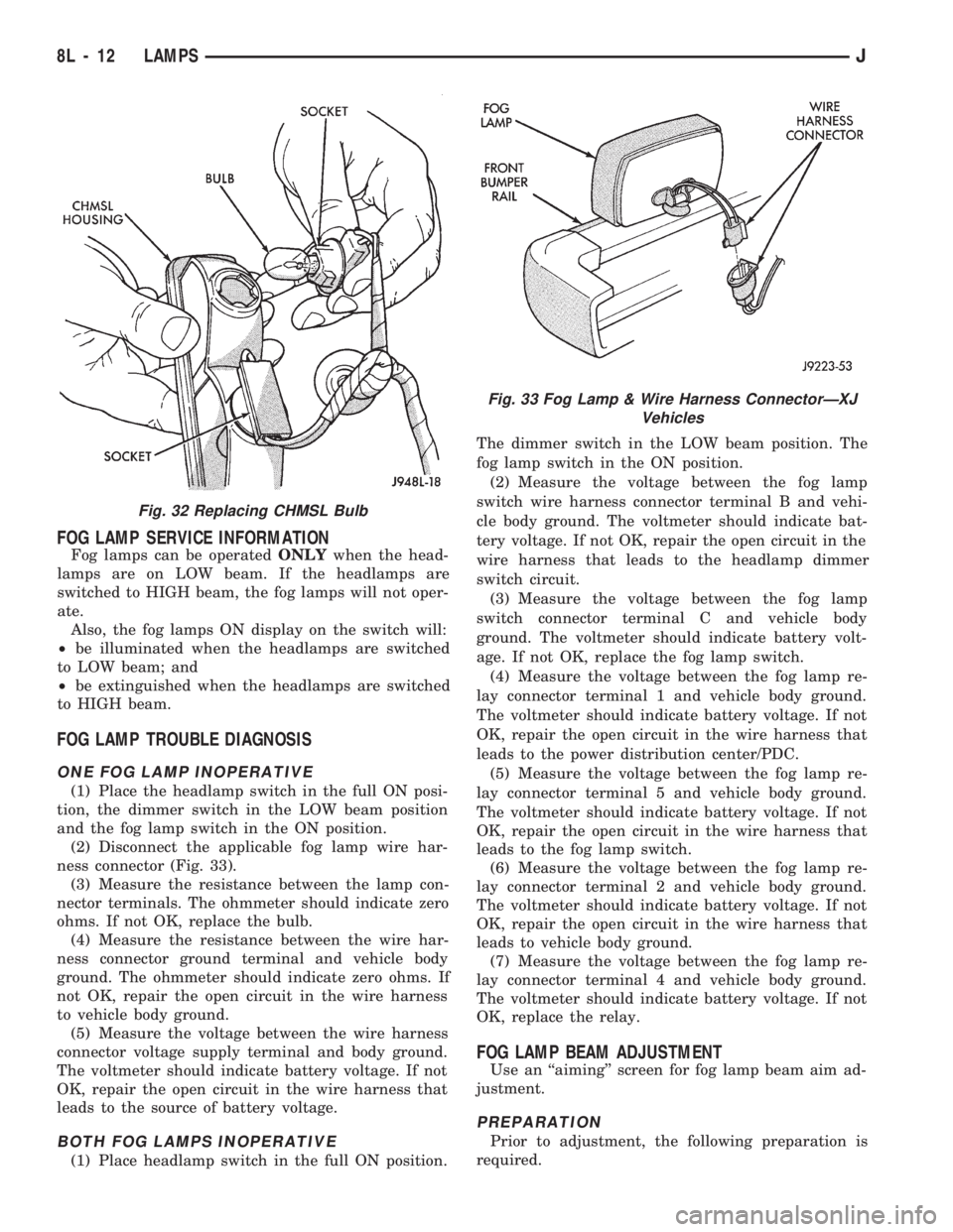 JEEP WRANGLER 1994  Owners Manual Fig. 33 Fog Lamp & Wire Harness ConnectorÐXJ
Vehicles
8L - 12 LAMPSJ 