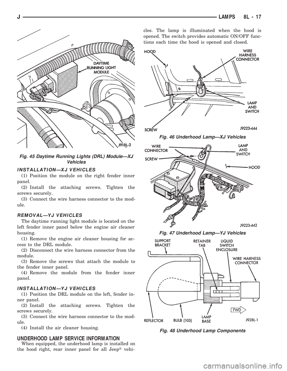 JEEP WRANGLER 1994  Owners Manual Fig. 46 Underhood LampÐXJ Vehicles
Fig. 47 Underhood LampÐYJ Vehicles
Fig. 48 Underhood Lamp Components
JLAMPS 8L - 17 