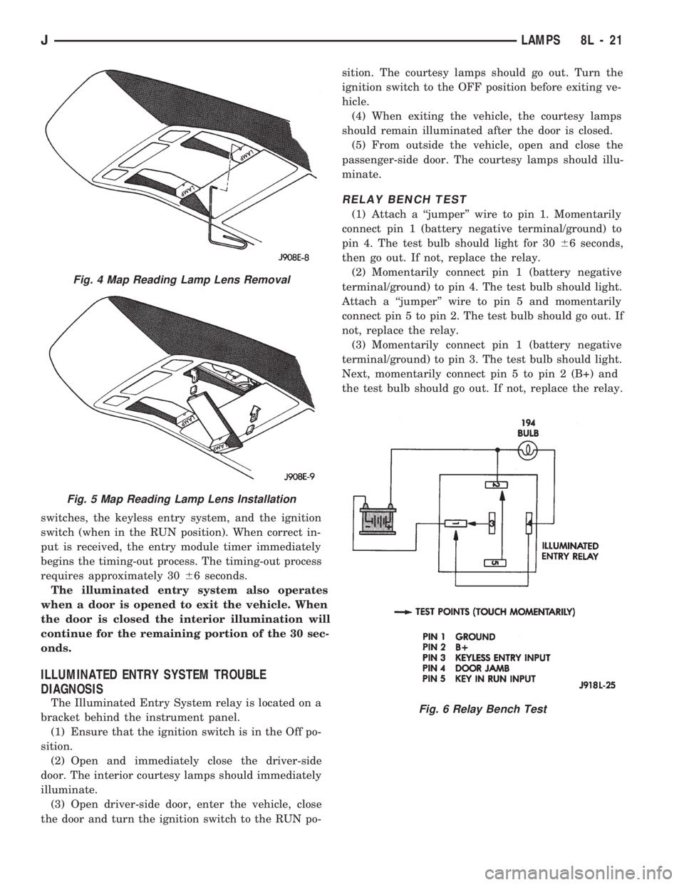 JEEP WRANGLER 1994  Owners Manual Fig. 5 Map Reading Lamp Lens Installation
Fig. 6 Relay Bench Test
JLAMPS 8L - 21 
