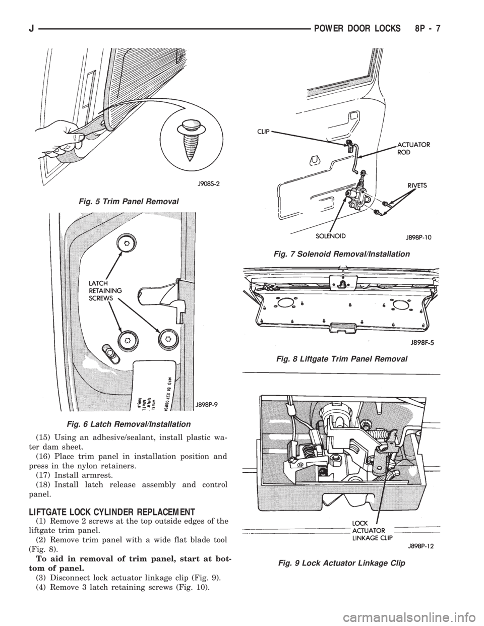 JEEP WRANGLER 1994  Owners Manual Fig. 6 Latch Removal/Installation
Fig. 7 Solenoid Removal/Installation
Fig. 8 Liftgate Trim Panel Removal
Fig. 9 Lock Actuator Linkage Clip
JPOWER DOOR LOCKS 8P - 7 