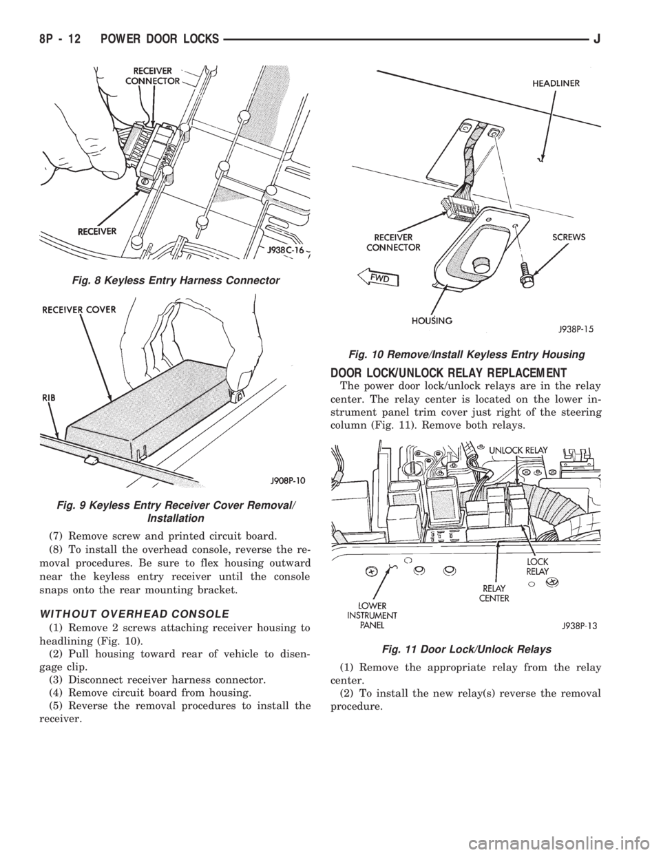 JEEP WRANGLER 1994  Owners Manual Fig. 9 Keyless Entry Receiver Cover Removal/
Installation
Fig. 10 Remove/Install Keyless Entry Housing
Fig. 11 Door Lock/Unlock Relays
8P - 12 POWER DOOR LOCKSJ 