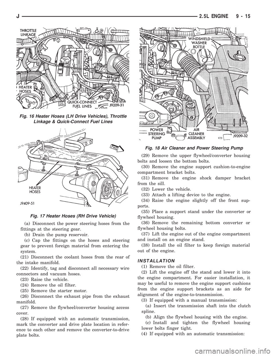 JEEP WRANGLER 1994  Owners Manual Fig. 17 Heater Hoses (RH Drive Vehicle)
Fig. 18 Air Cleaner and Power Steering Pump
J2.5L ENGINE 9 - 15 