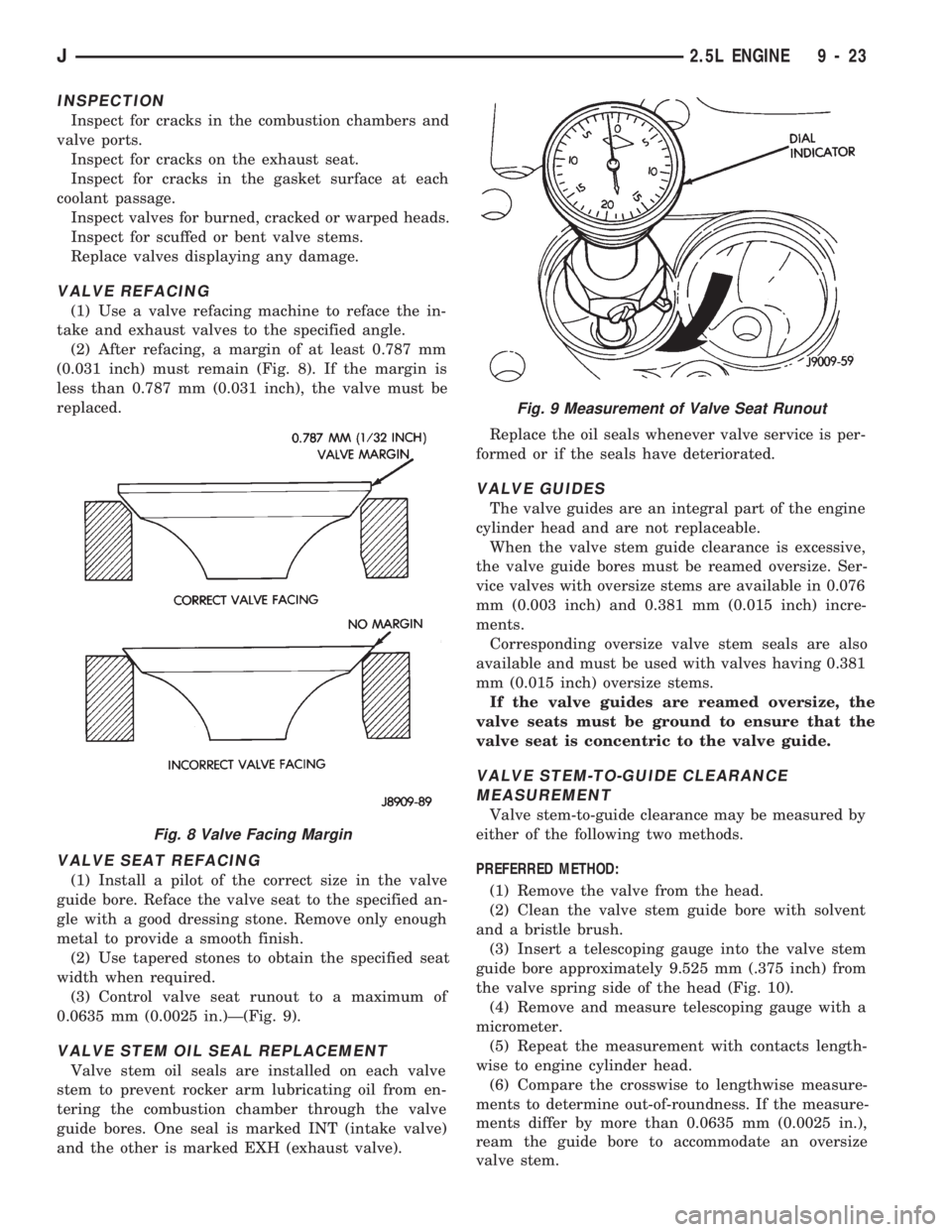 JEEP WRANGLER 1994  Owners Manual Fig. 9 Measurement of Valve Seat Runout
J2.5L ENGINE 9 - 23 