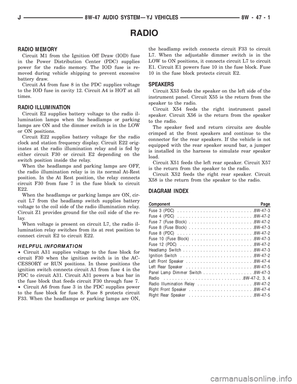 JEEP WRANGLER 1995  Owners Manual Component Page
Fuse 3 (PDC)...........................8W-47-3
Fuse 4 (PDC)...........................8W-47-2
Fuse 7 (Fuse Block).......................8W-47-2
Fuse 8 (Fuse Block)......................