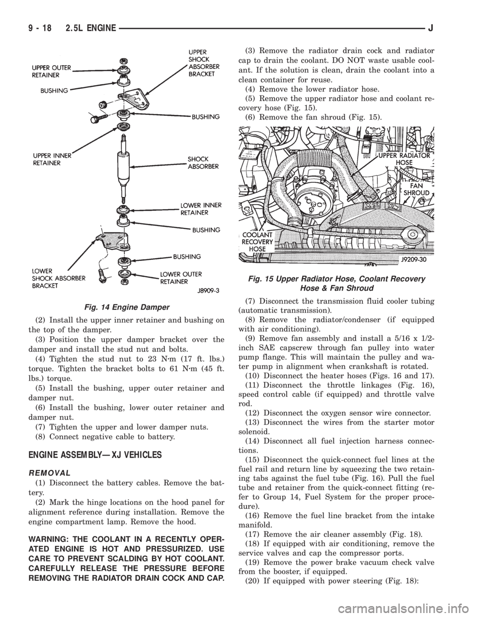 JEEP WRANGLER 1995  Owners Manual Fig. 15 Upper Radiator Hose, Coolant Recovery
Hose & Fan Shroud
9 - 18 2.5L ENGINEJ 