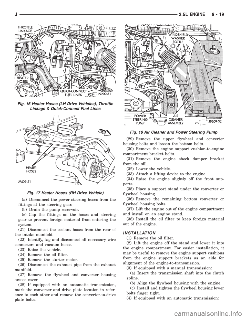 JEEP WRANGLER 1995  Owners Manual Fig. 17 Heater Hoses (RH Drive Vehicle)
Fig. 18 Air Cleaner and Power Steering Pump
J2.5L ENGINE 9 - 19 