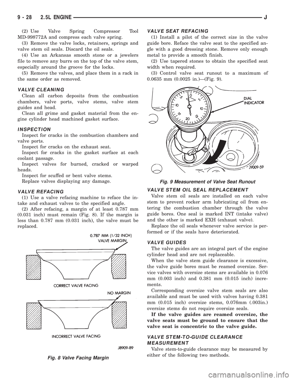 JEEP WRANGLER 1995  Owners Manual Fig. 9 Measurement of Valve Seat Runout
9 - 28 2.5L ENGINEJ 