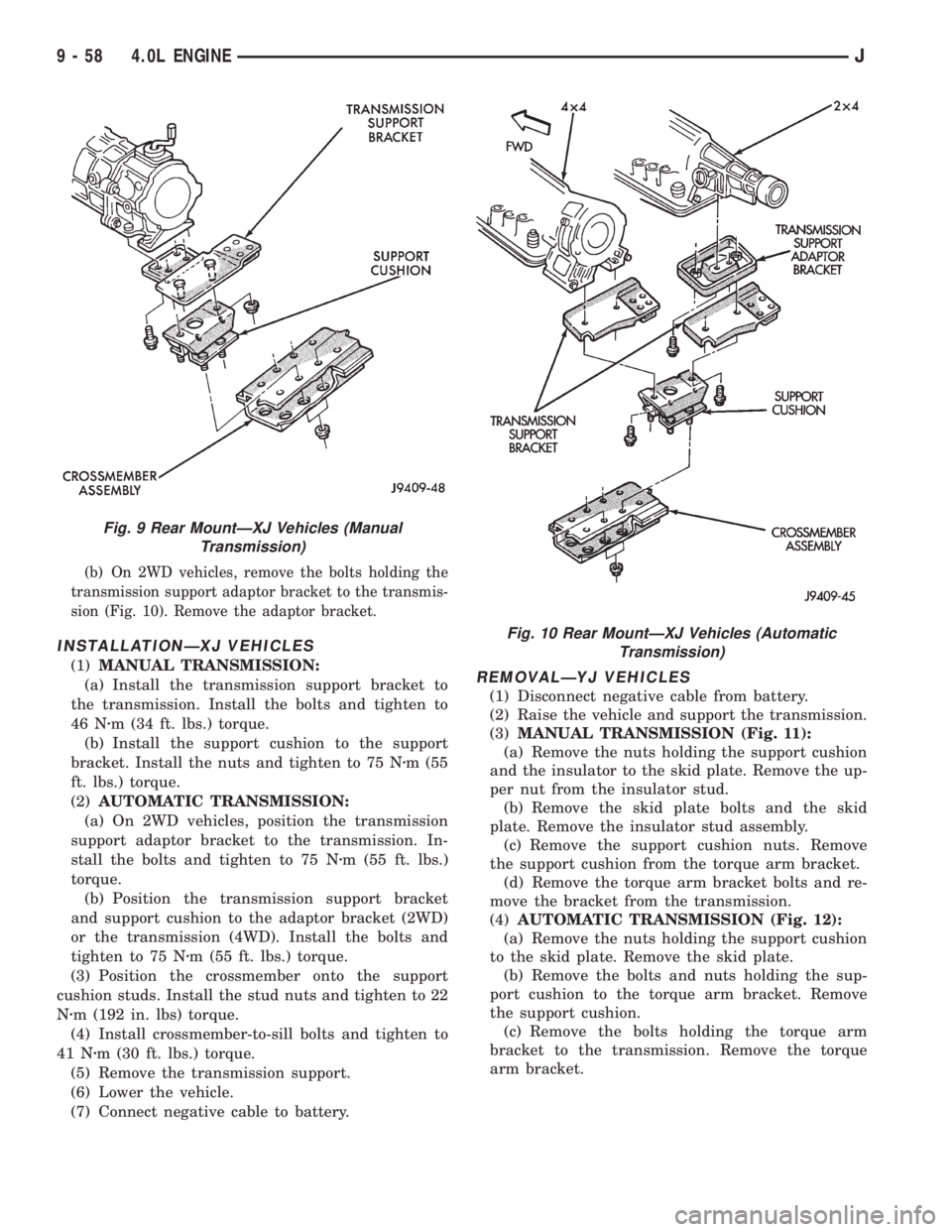 JEEP WRANGLER 1995  Owners Manual Fig. 10 Rear MountÐXJ Vehicles (Automatic
Transmission)
9 - 58 4.0L ENGINEJ 