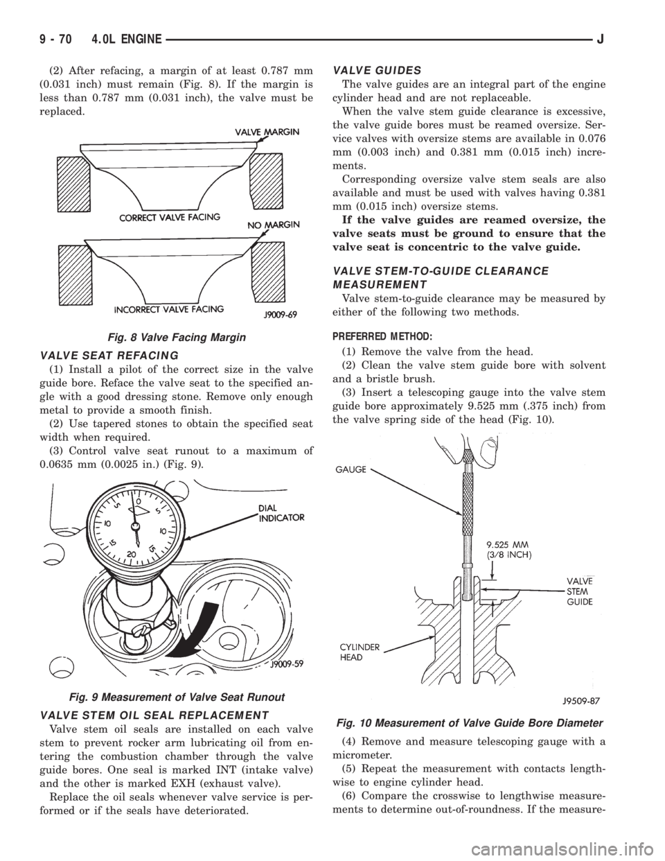 JEEP WRANGLER 1995  Owners Manual Fig. 8 Valve Facing Margin
Fig. 9 Measurement of Valve Seat Runout
9 - 70 4.0L ENGINEJ 